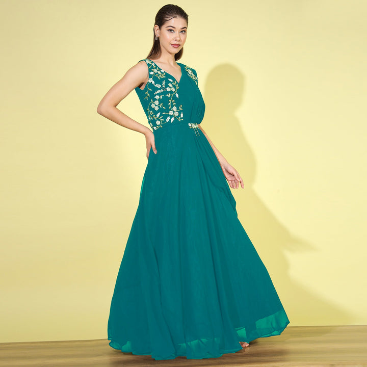 Zircon Embellished Flared Cocktail Gown with Attached Dupatta