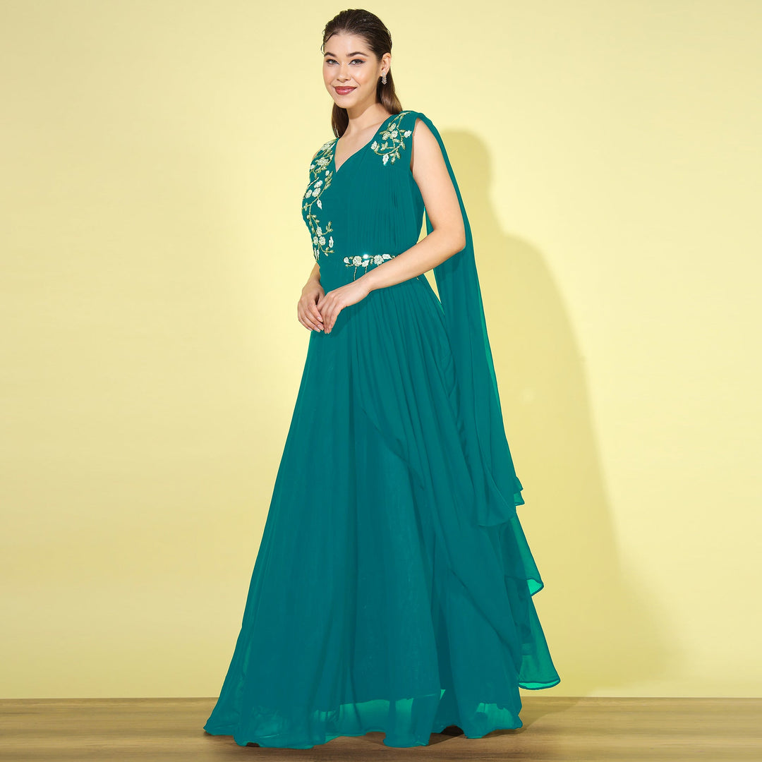 Zircon Embellished Flared Cocktail Gown with Attached Dupatta