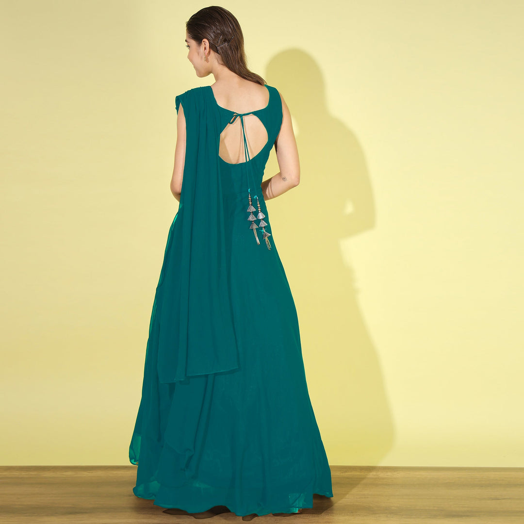 Zircon Embellished Flared Cocktail Gown with Attached Dupatta