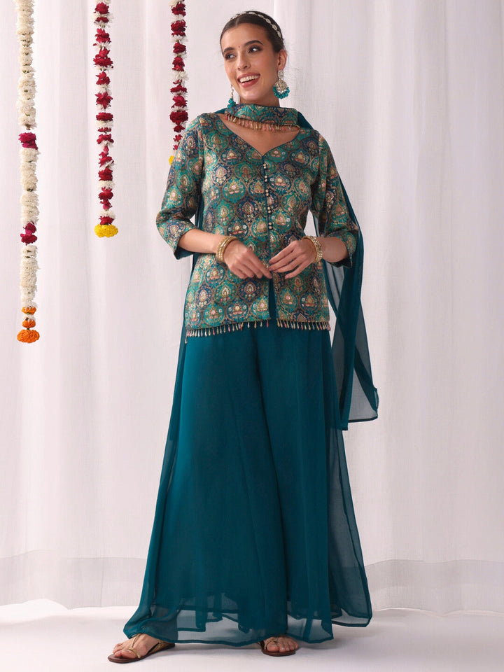 Banarasi Brocade Handloom Weaving Kurta Set with Tasseled Dupatta & Flared Pallazo