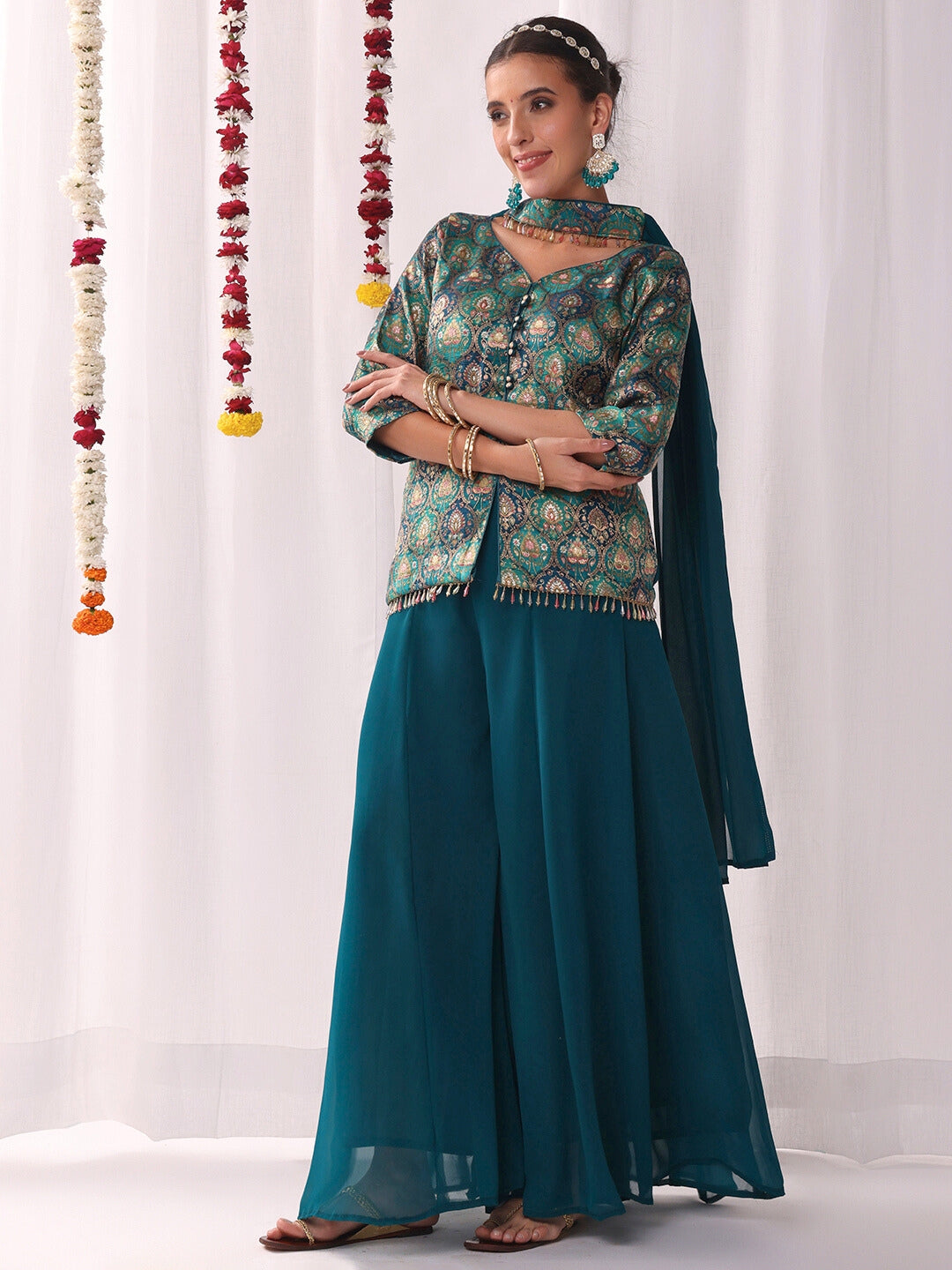 Banarasi Brocade Handloom Weaving Kurta Set with Tasseled Dupatta & Flared Pallazo