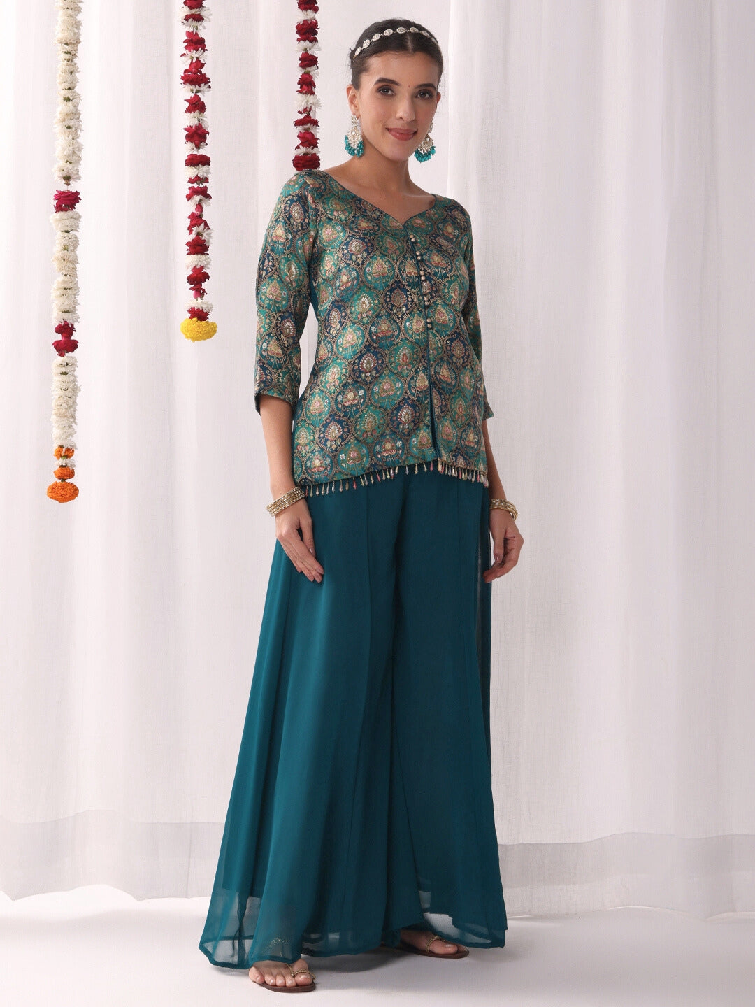 Banarasi Brocade Handloom Weaving Kurta Set with Tasseled Dupatta & Flared Pallazo