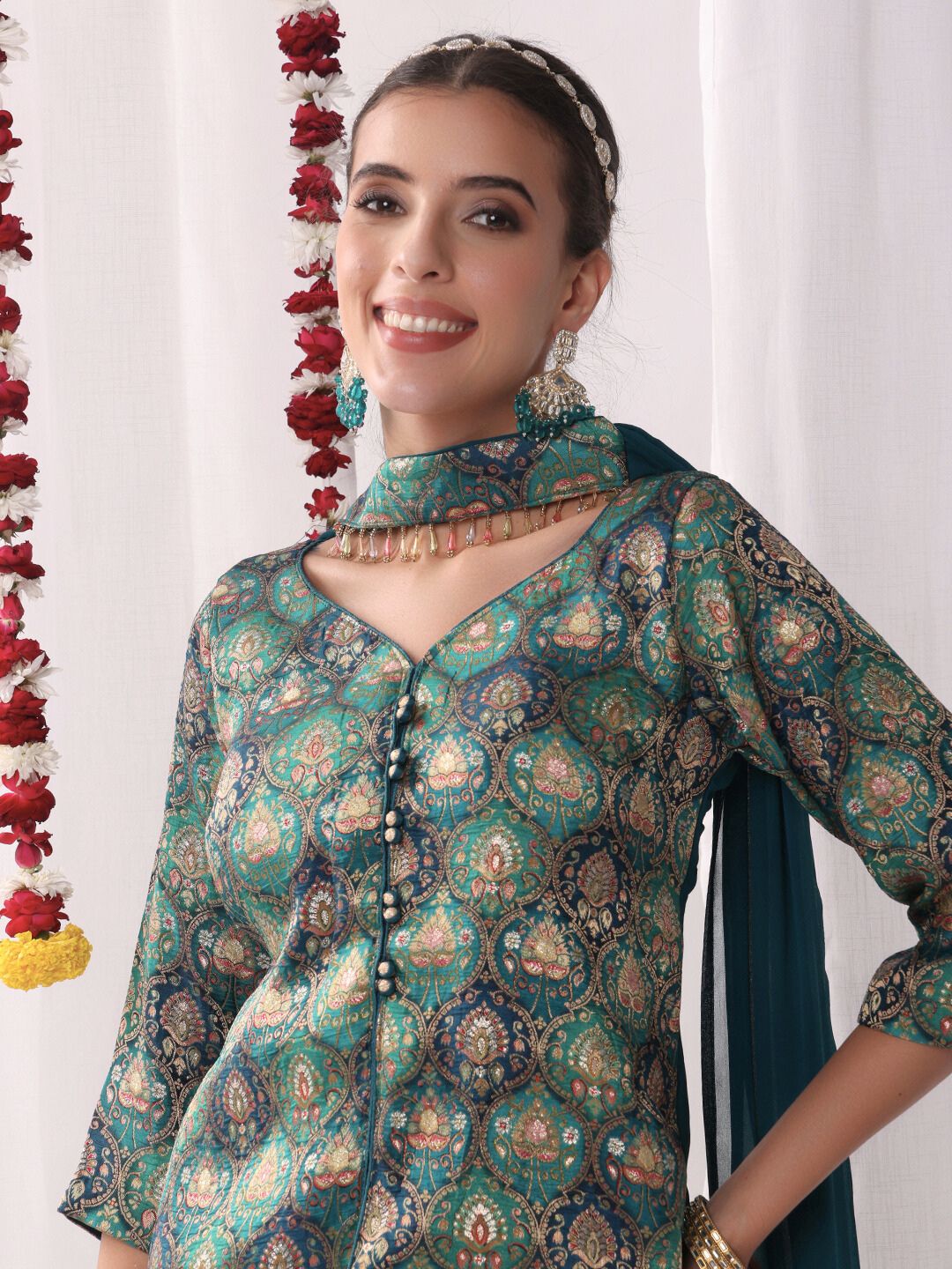 Banarasi Brocade Handloom Weaving Kurta Set with Tasseled Dupatta & Flared Pallazo