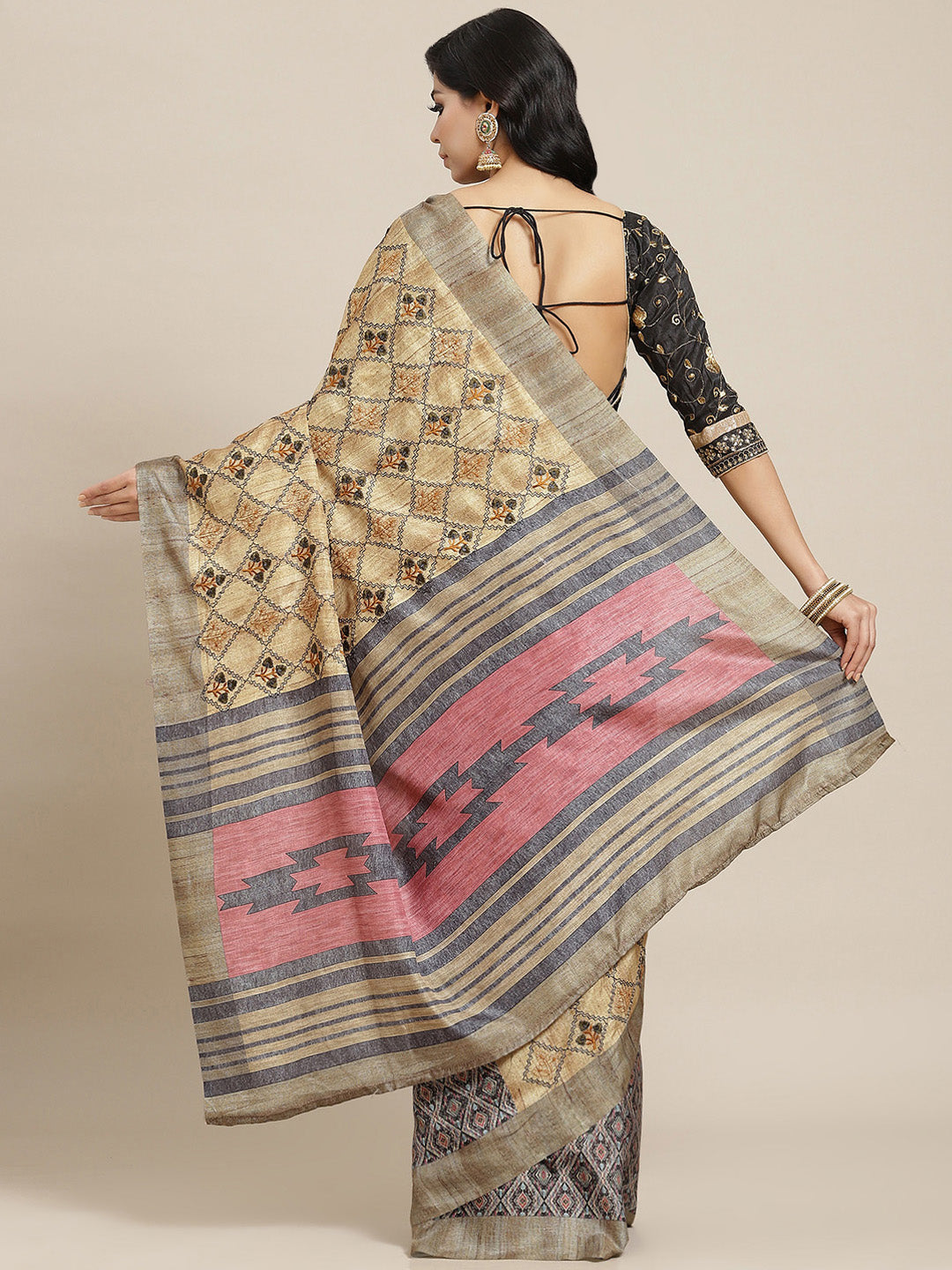 Beige Kalamkari Printed & Kantha Embroidered Half-&-Half Silk Saree