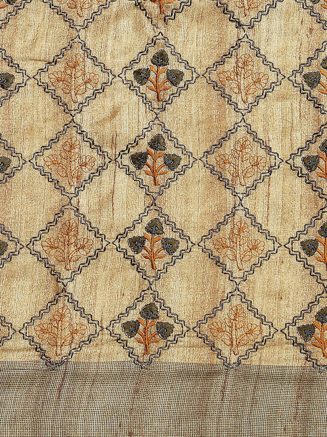 Beige Kalamkari Printed & Kantha Embroidered Half-&-Half Silk Saree