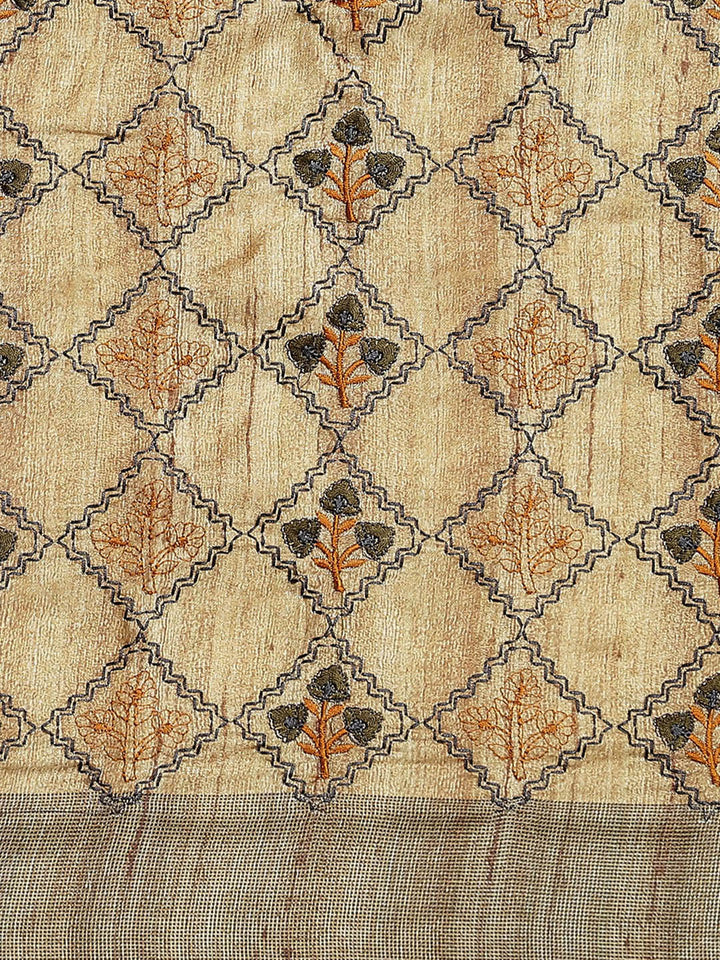 Beige Kalamkari Printed & Kantha Embroidered Half-&-Half Silk Saree
