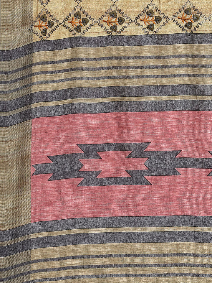 Beige Kalamkari Printed & Kantha Embroidered Half-&-Half Silk Saree