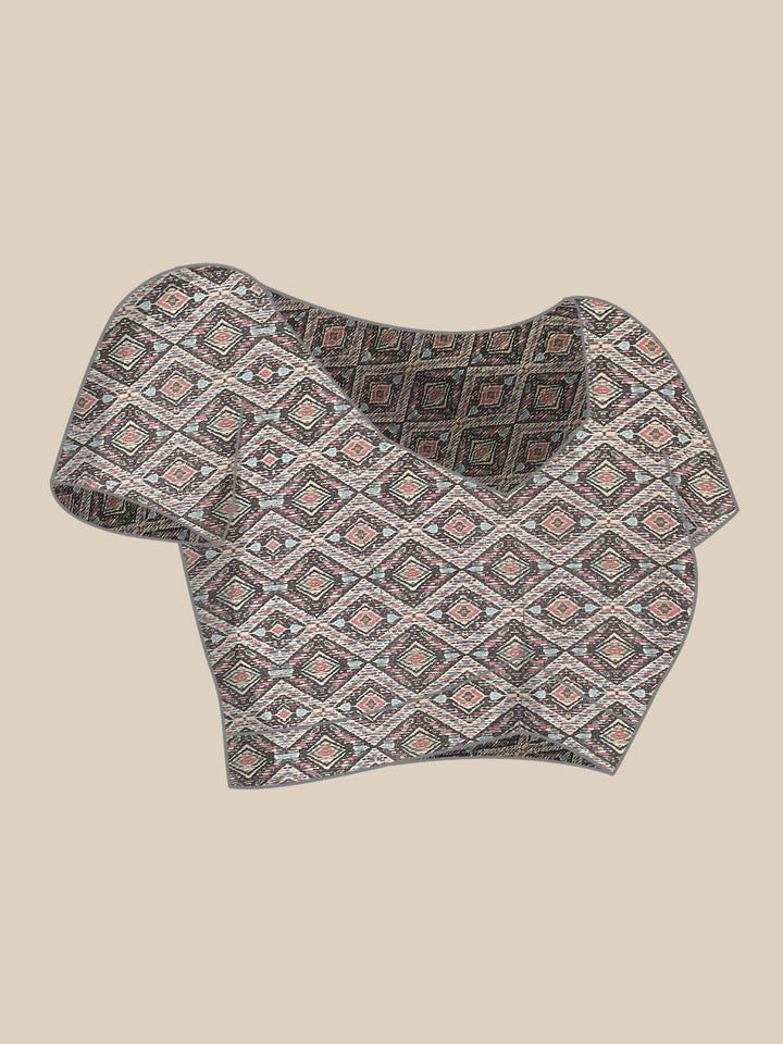Beige Kalamkari Printed & Kantha Embroidered Half-&-Half Silk Saree