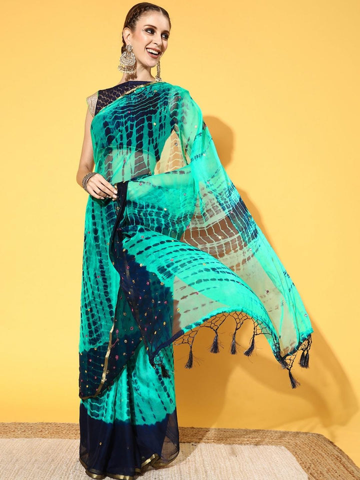 Green Tie & Die Jaipuri Printed Mirror Work Embellished Chiffon Saree