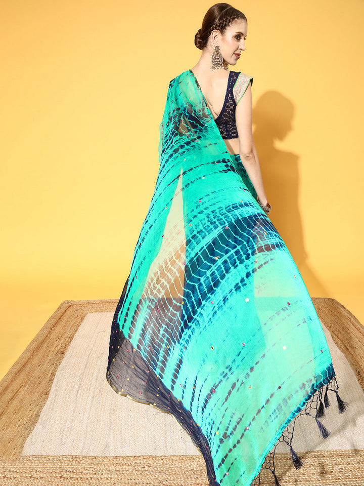 Green Tie & Die Jaipuri Printed Mirror Work Embellished Chiffon Saree