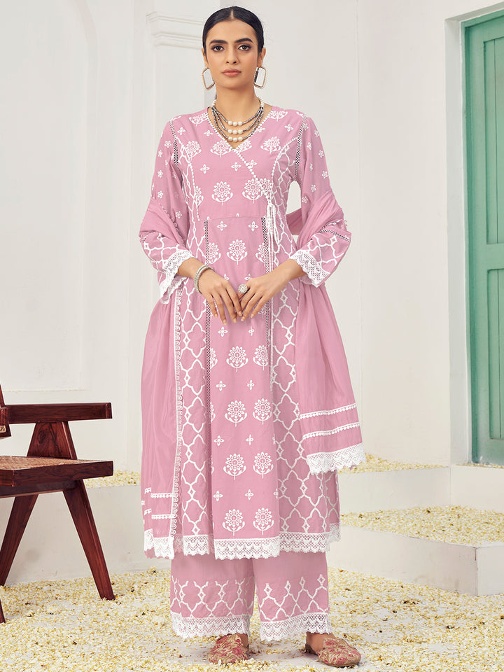 Chhabra 555 Thread Embroidered Chikankari Angrakha Kurta Set with Floral Motifs & Schiffli Laces