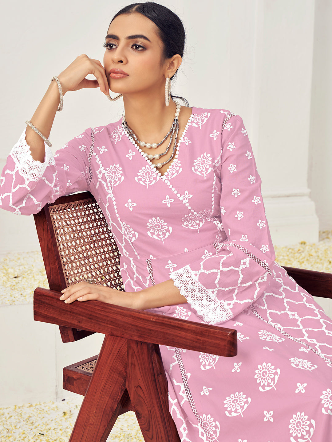 Thread Embroidered Chikankari Angrakha Kurta Set with Floral Motifs & Schiffli Laces