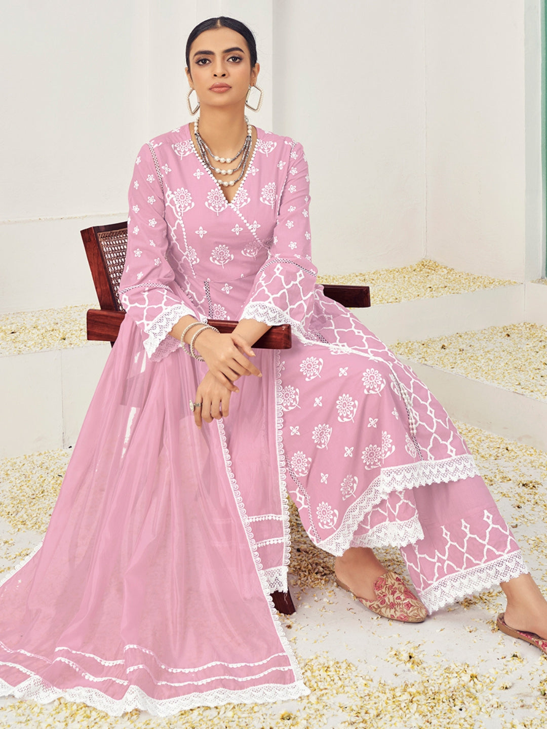 Thread Embroidered Chikankari Angrakha Kurta Set with Floral Motifs & Schiffli Laces