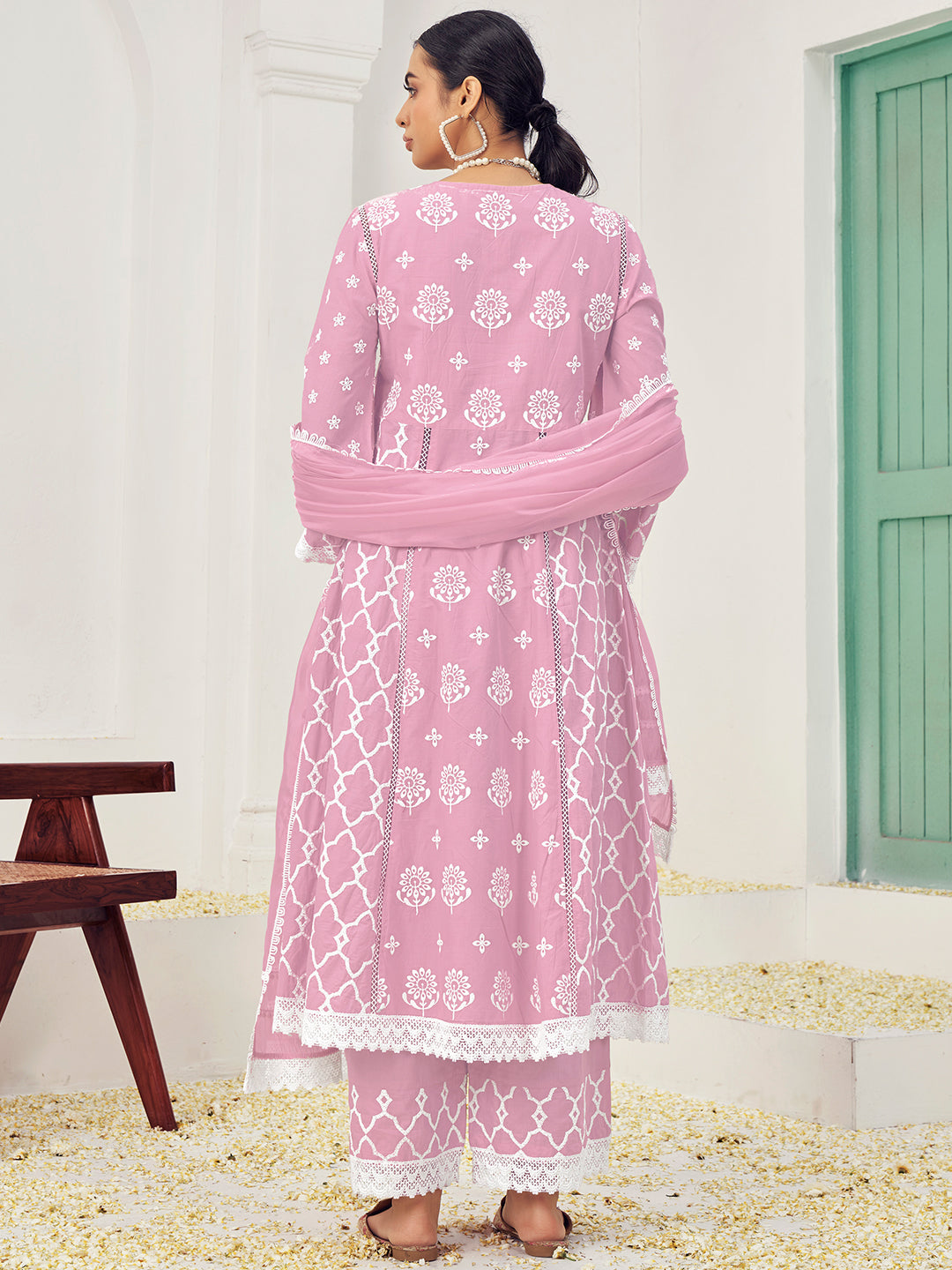 Thread Embroidered Chikankari Angrakha Kurta Set with Floral Motifs & Schiffli Laces
