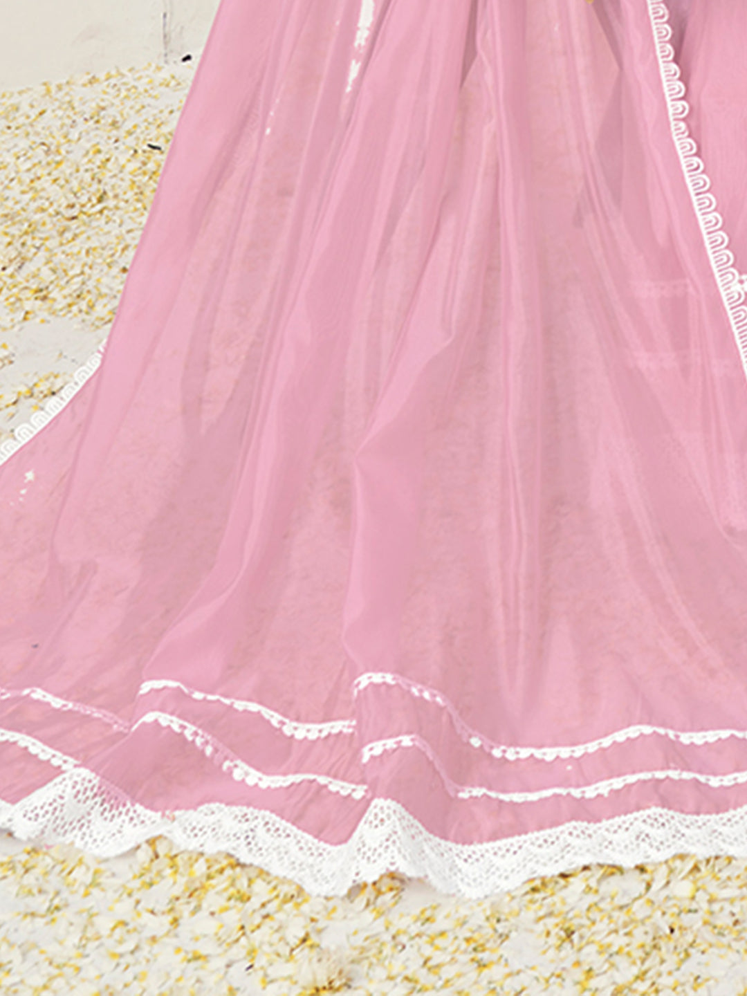 Thread Embroidered Chikankari Angrakha Kurta Set with Floral Motifs & Schiffli Laces