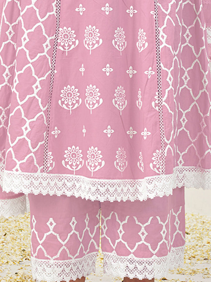 Thread Embroidered Chikankari Angrakha Kurta Set with Floral Motifs & Schiffli Laces