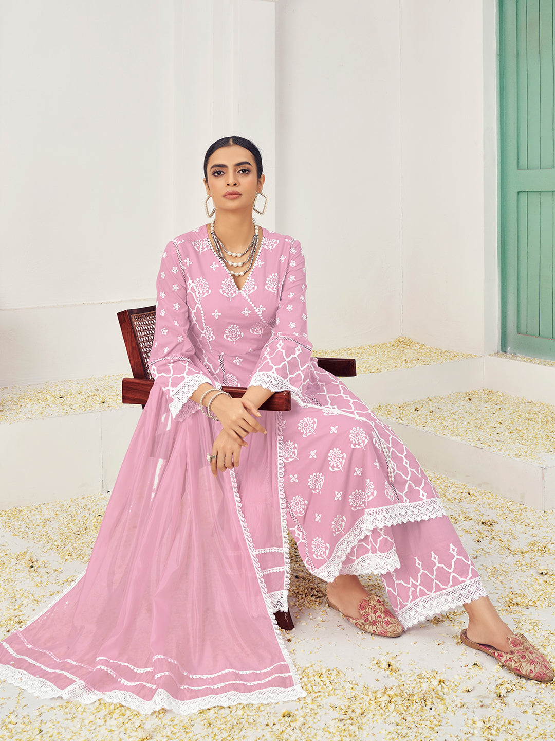 Thread Embroidered Chikankari Angrakha Kurta Set with Floral Motifs & Schiffli Laces