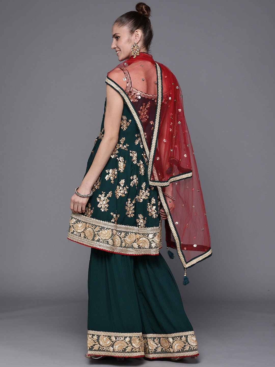 Made to Measure Peplum Sequence Embellished  Sharara Suit Set With Contrast Net Dupatta