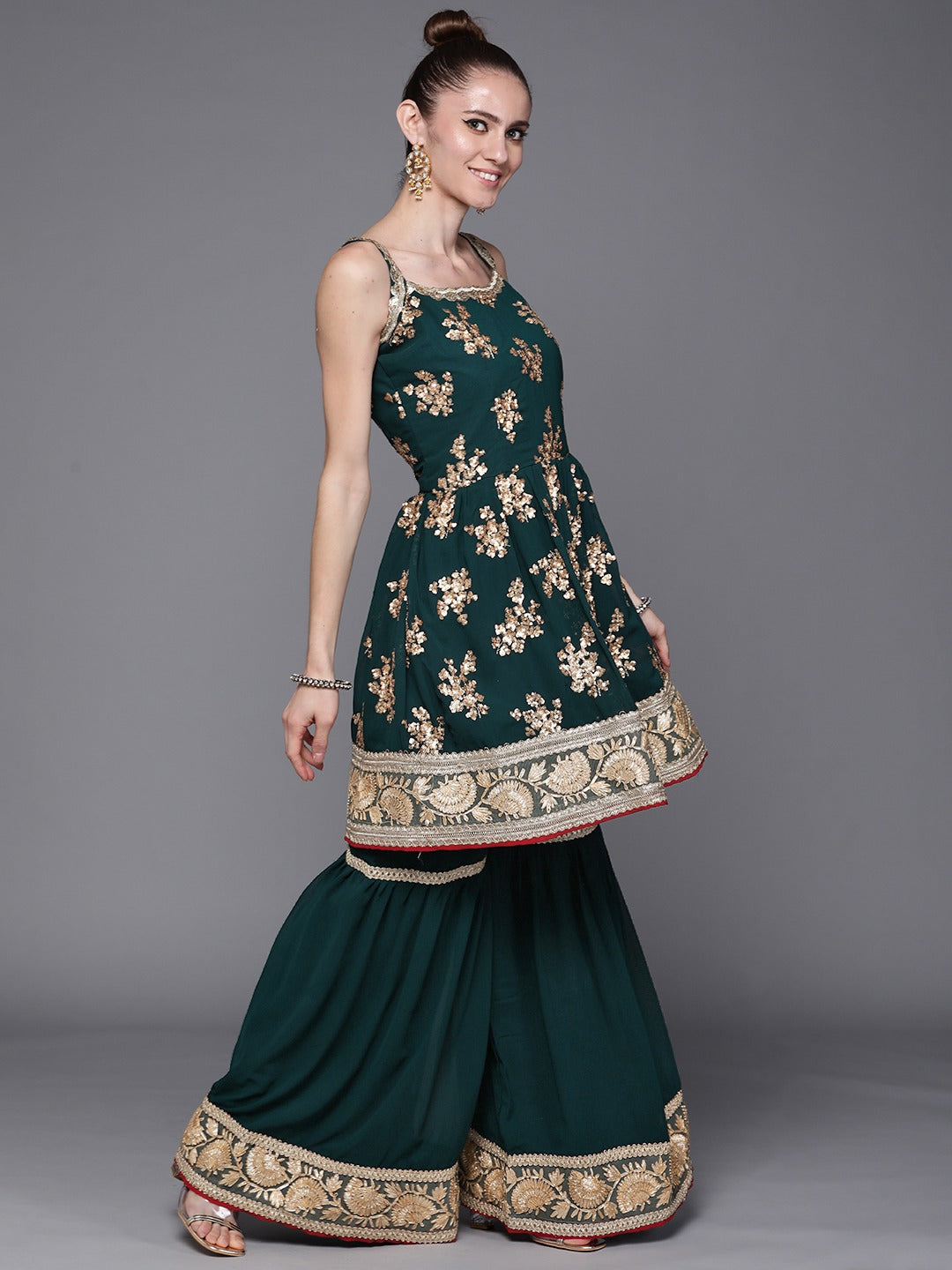 Made to Measure Peplum Sequence Embellished  Sharara Suit Set With Contrast Net Dupatta