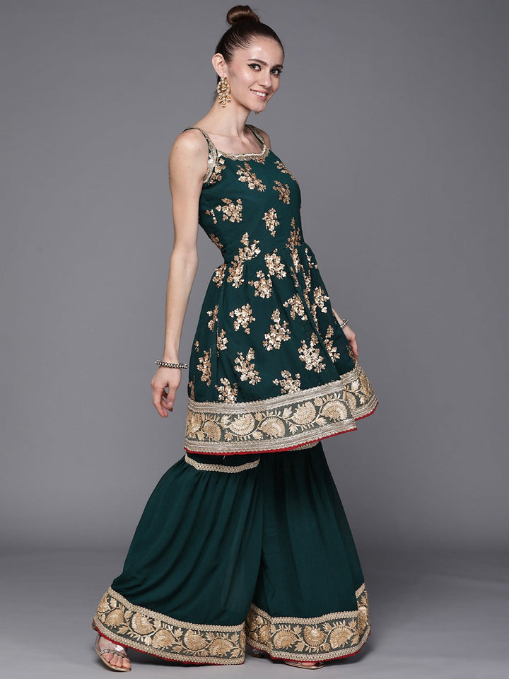 Made to Measure Peplum Sequence Embellished  Sharara Suit Set With Contrast Net Dupatta