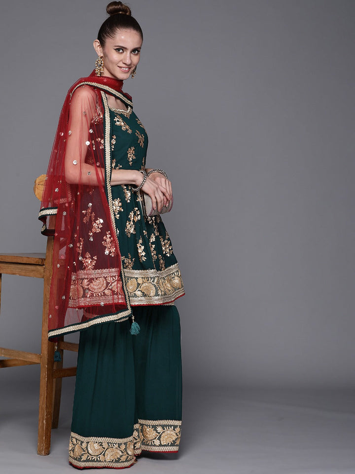 Made to Measure Peplum Sequence Embellished  Sharara Suit Set With Contrast Net Dupatta
