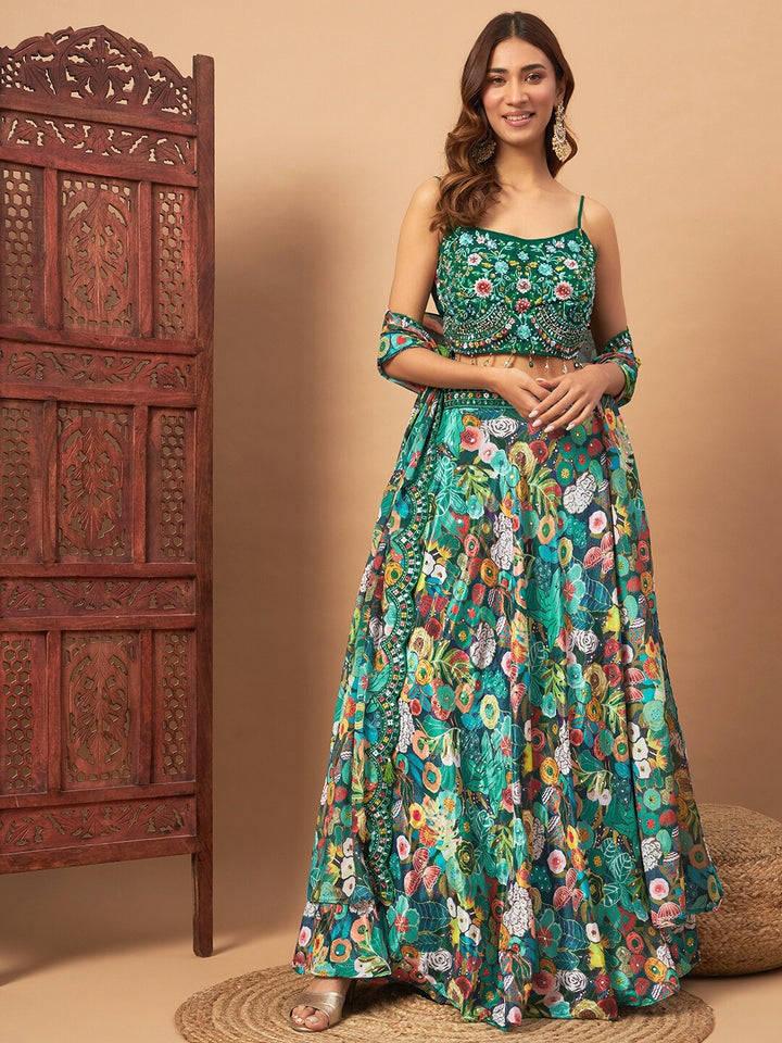 Chhabra 555 Floral Digital Printed Crepe Silk Lehenga Set with Embellished Cape & Resham Embroidery