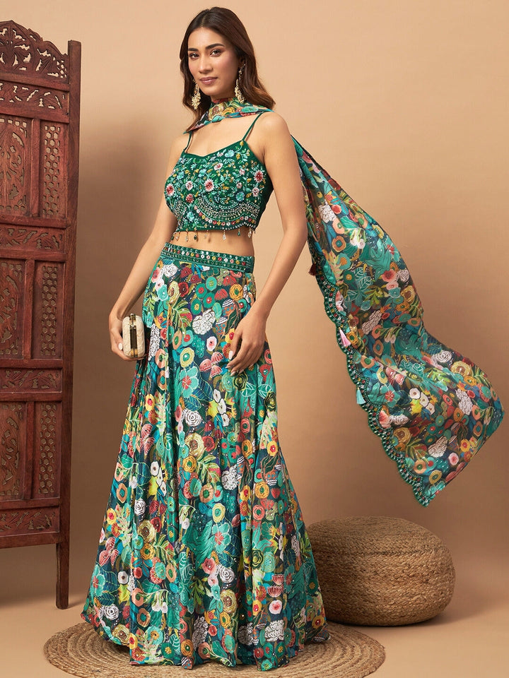 Floral Digital Printed Crepe Silk Lehenga Set with Embellished Cape & Resham Embroidery