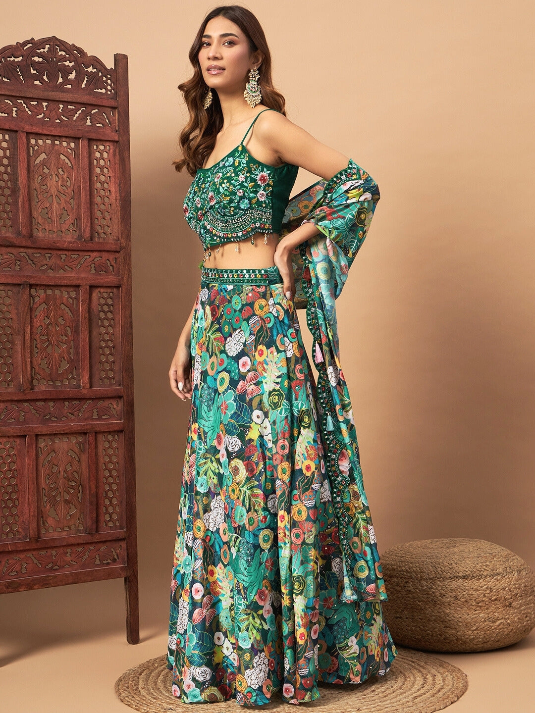 Floral Digital Printed Crepe Silk Lehenga Set with Embellished Cape & Resham Embroidery