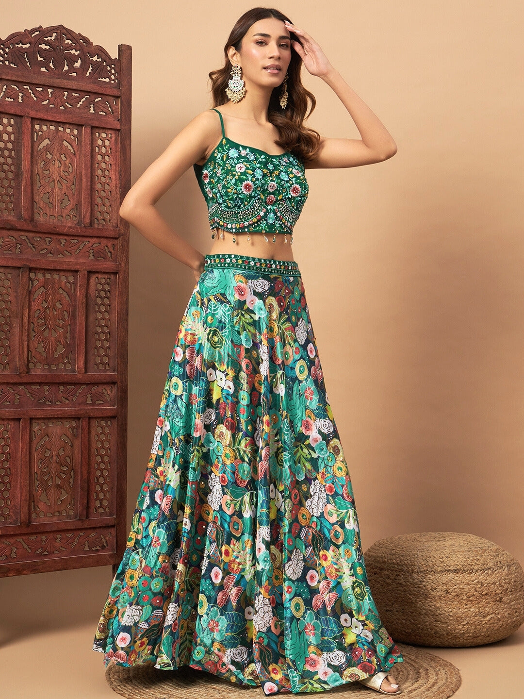 Floral Digital Printed Crepe Silk Lehenga Set with Embellished Cape & Resham Embroidery