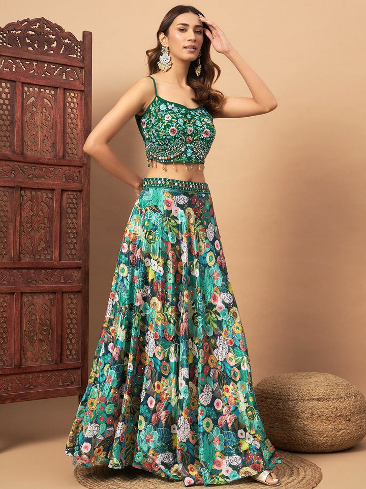 Floral Digital Printed Crepe Silk Lehenga Set with Embellished Cape & Resham Embroidery