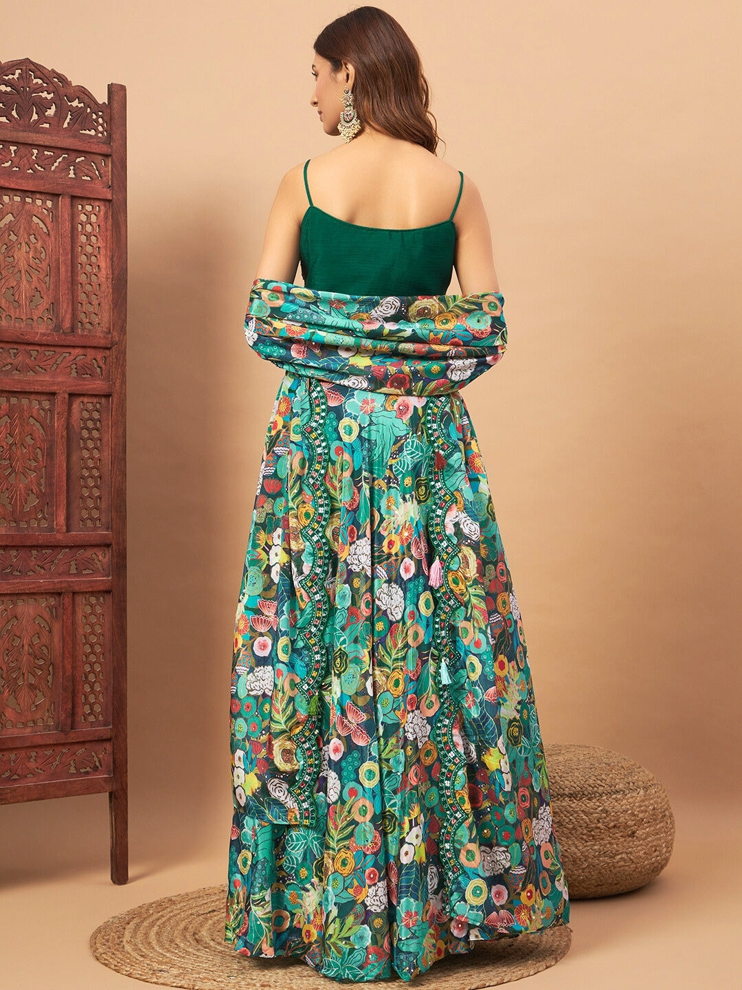 Floral Digital Printed Crepe Silk Lehenga Set with Embellished Cape & Resham Embroidery