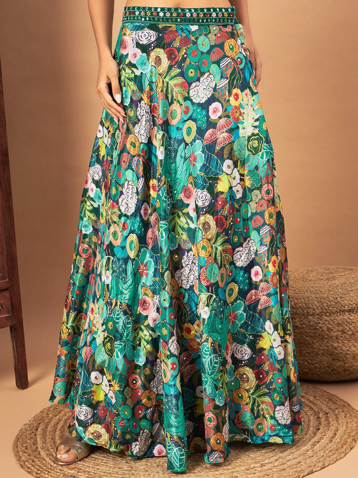 Floral Digital Printed Crepe Silk Lehenga Set with Embellished Cape & Resham Embroidery