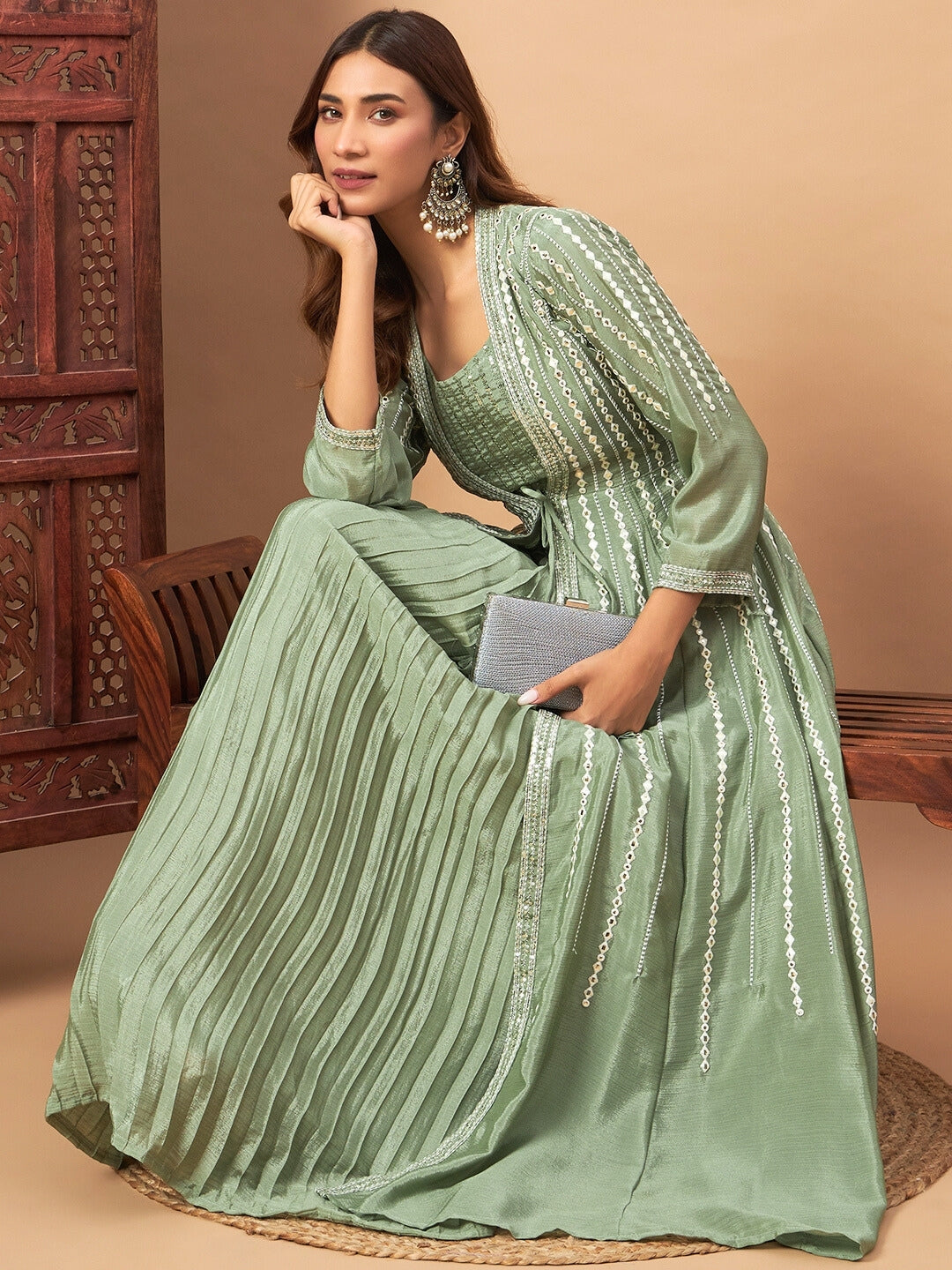 Chhabra 555 Indo-western Pleated Lehenga Set with Mirror & Resham Embroidered Jacket and Crop Top