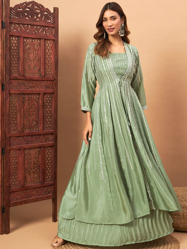 Chhabra 555 Indo-western Pleated Lehenga Set with Mirror & Resham Embroidered Jacket and Crop Top