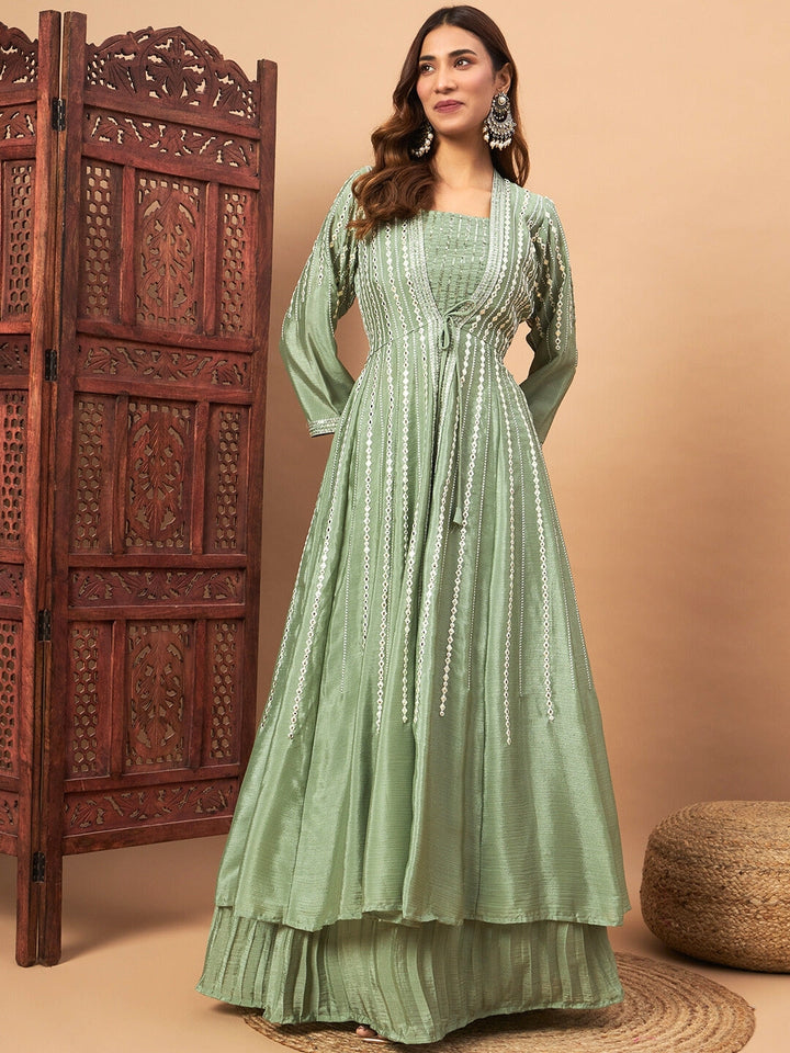 Chhabra 555 Indo-western Pleated Lehenga Set with Mirror & Resham Embroidered Jacket and Crop Top