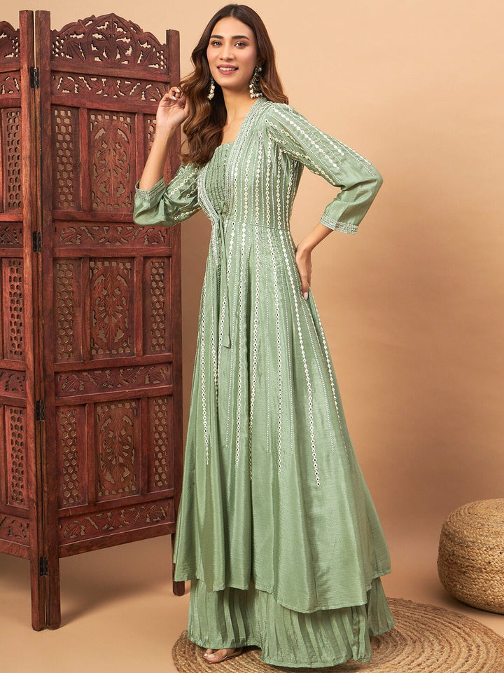 Chhabra 555 Indo-western Pleated Lehenga Set with Mirror & Resham Embroidered Jacket and Crop Top