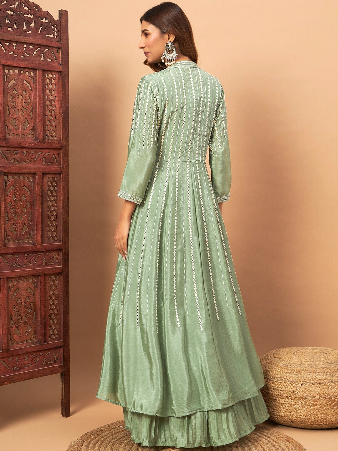 Chhabra 555 Indo-western Pleated Lehenga Set with Mirror & Resham Embroidered Jacket and Crop Top