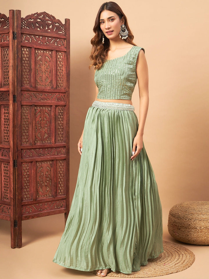 Chhabra 555 Indo-western Pleated Lehenga Set with Mirror & Resham Embroidered Jacket and Crop Top