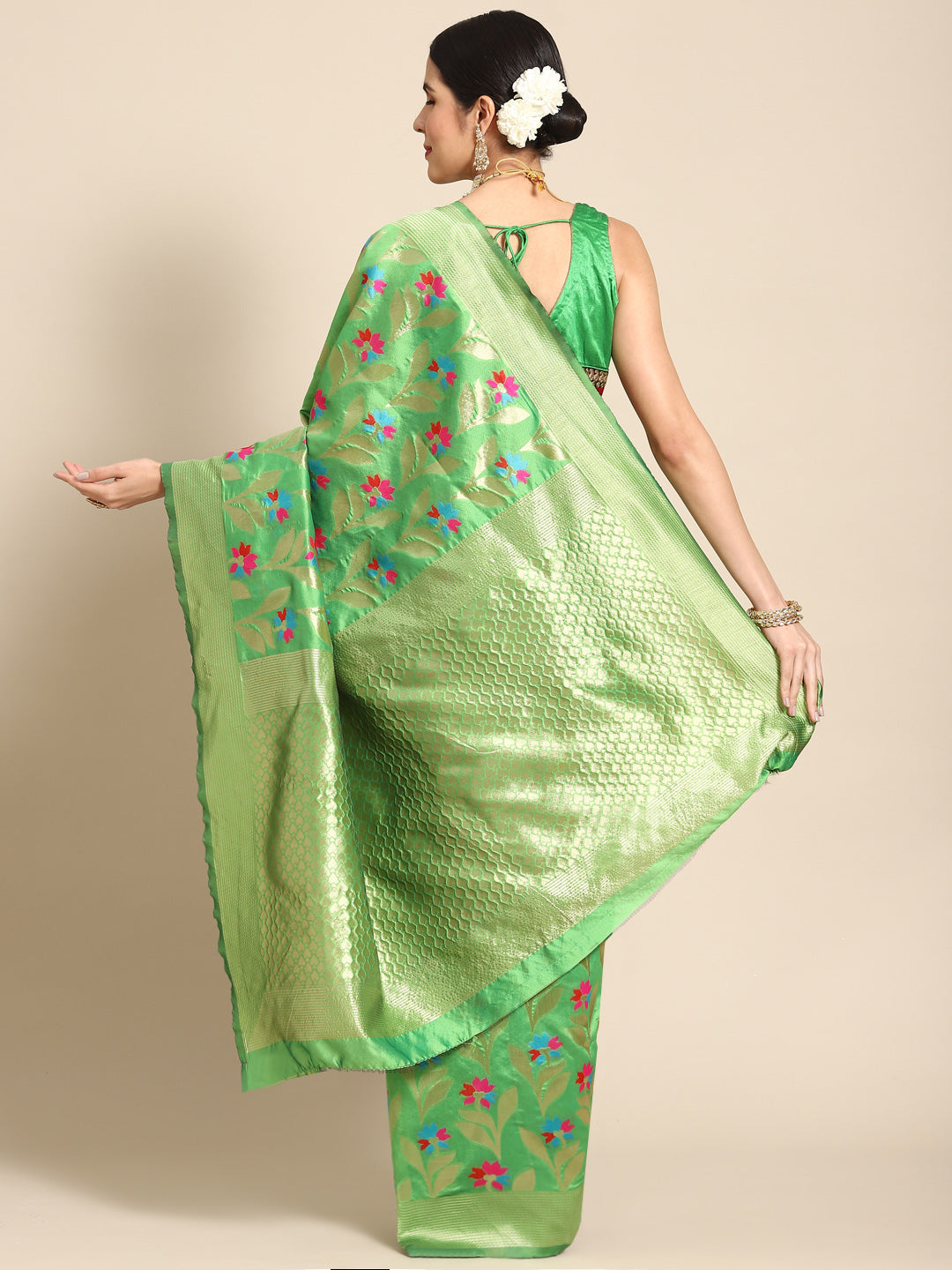 Green Banarasi Floral Meenakari Resham Woven Embellished Silk Saree