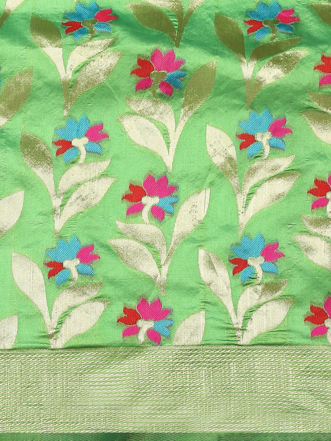 Green Banarasi Floral Meenakari Resham Woven Embellished Silk Saree