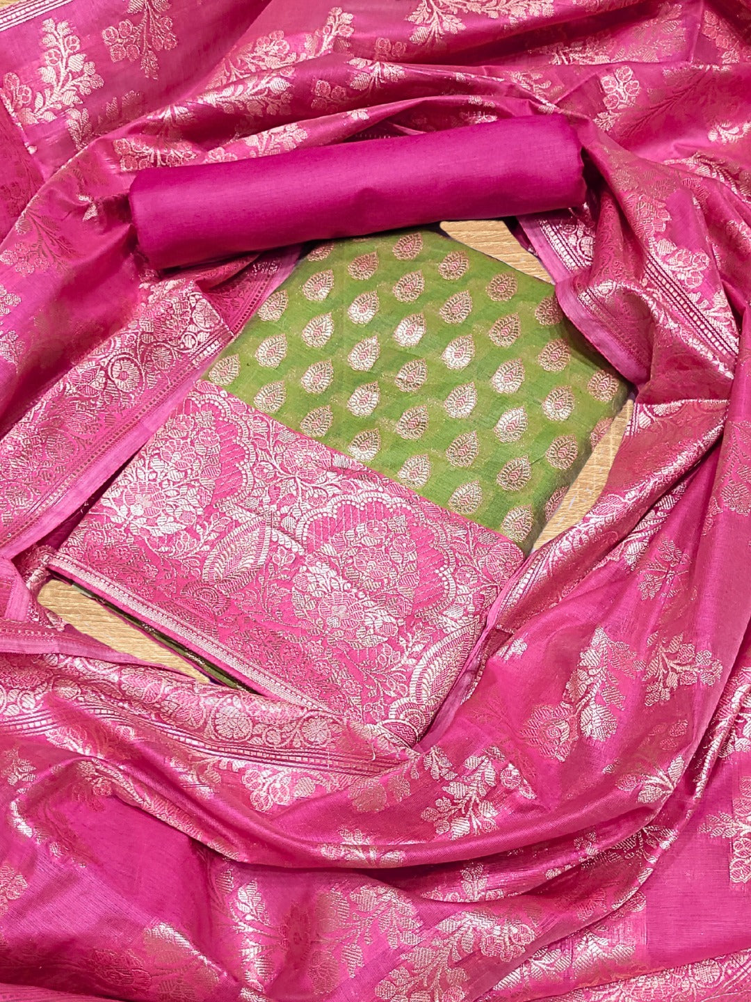 Chhabra 555 Bright Chanderi Silk Dress Material with contrast Meenakari weaving & Jhalar Dupatta