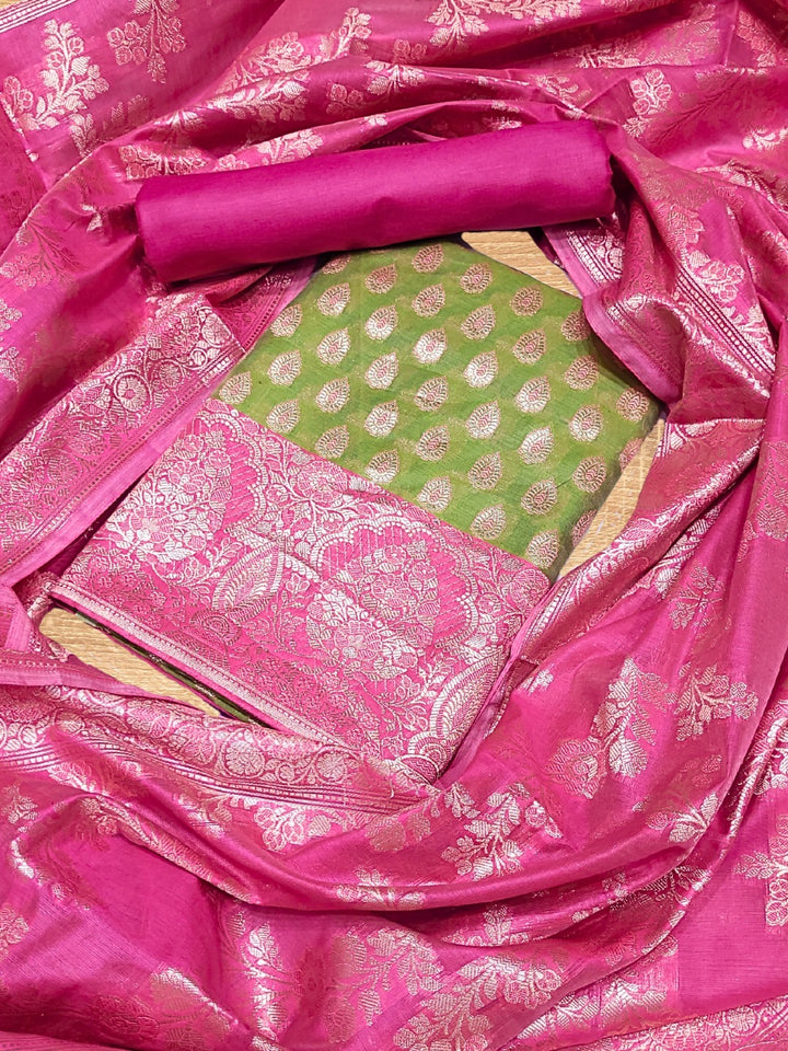 Chhabra 555 Bright Chanderi Silk Dress Material with contrast Meenakari weaving & Jhalar Dupatta