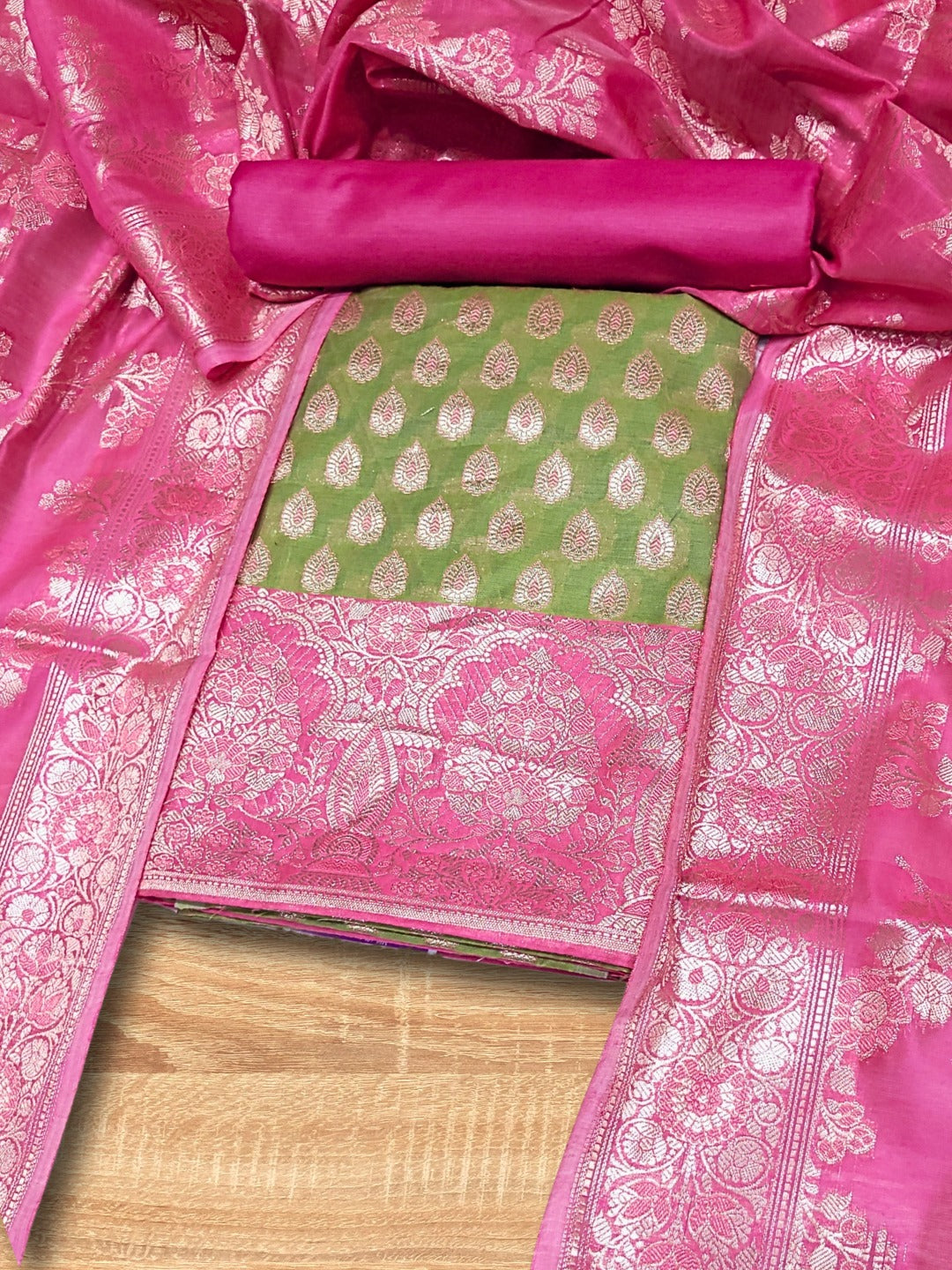 Bright Chanderi Silk Dress Material with contrast Meenakari weaving & Jhalar Dupatta