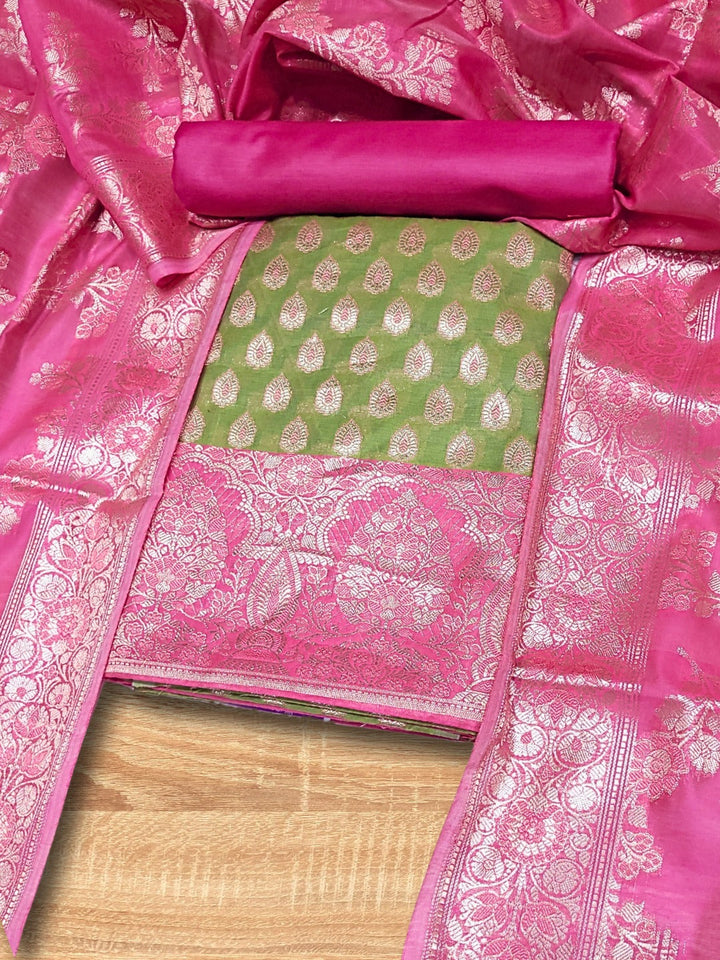 Bright Chanderi Silk Dress Material with contrast Meenakari weaving & Jhalar Dupatta