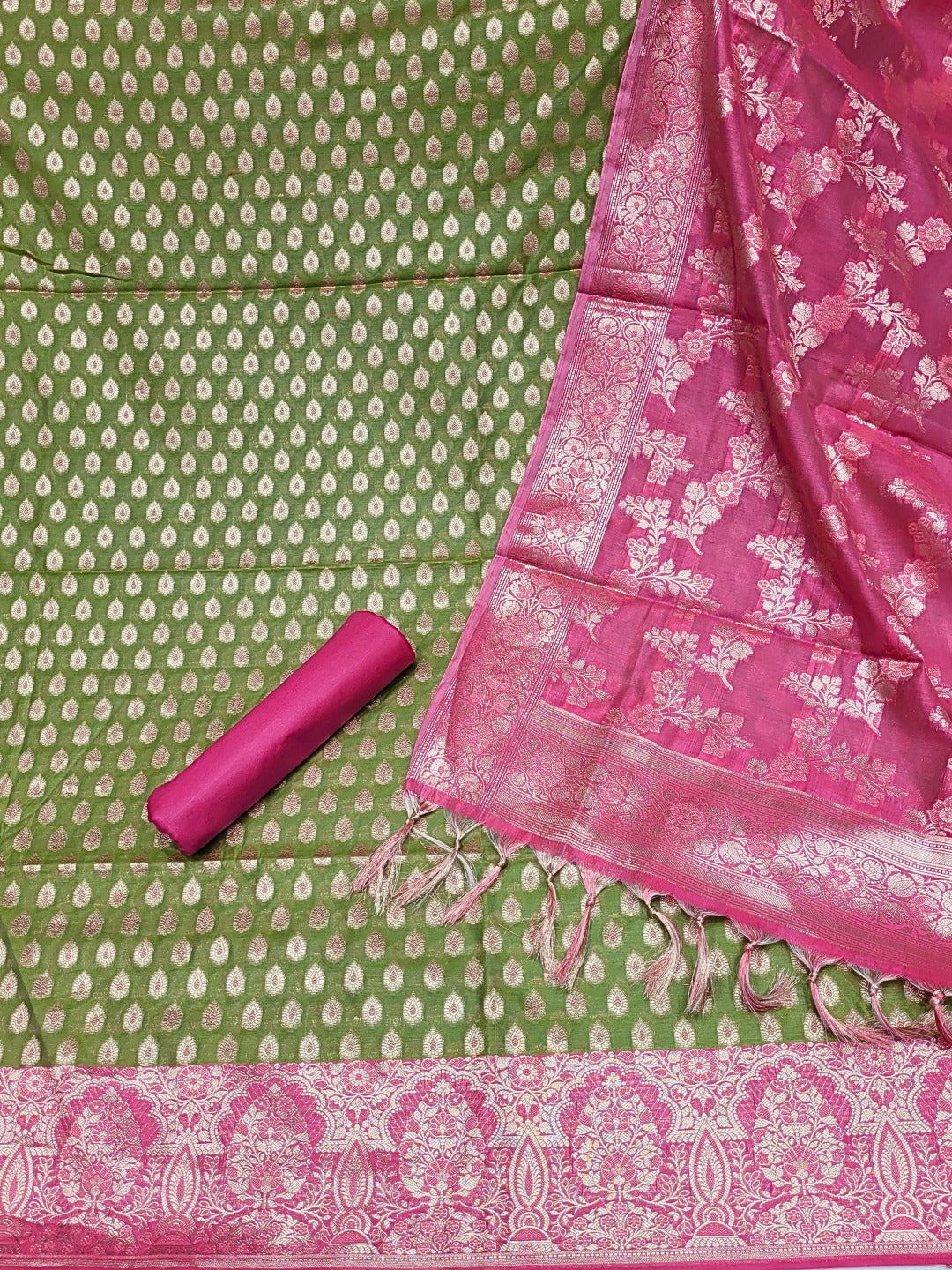 Bright Chanderi Silk Dress Material with contrast Meenakari weaving & Jhalar Dupatta