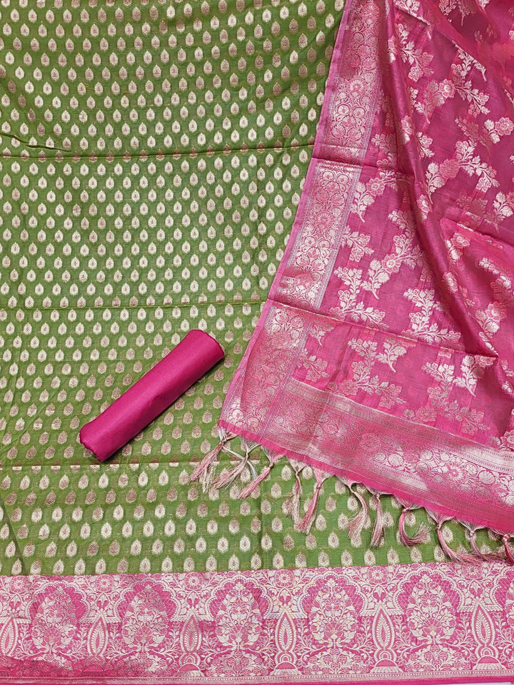 Bright Chanderi Silk Dress Material with contrast Meenakari weaving & Jhalar Dupatta