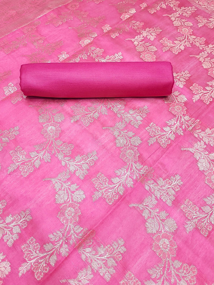 Bright Chanderi Silk Dress Material with contrast Meenakari weaving & Jhalar Dupatta