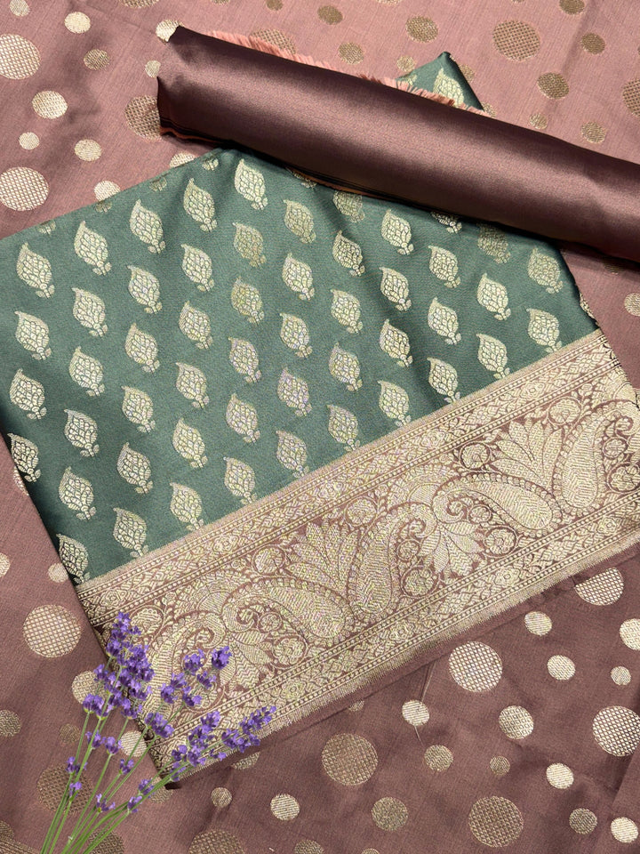 Banarasi Silk Colorblocked Dress Material with Paisley Zari Weaving & Jhalar Dupatta
