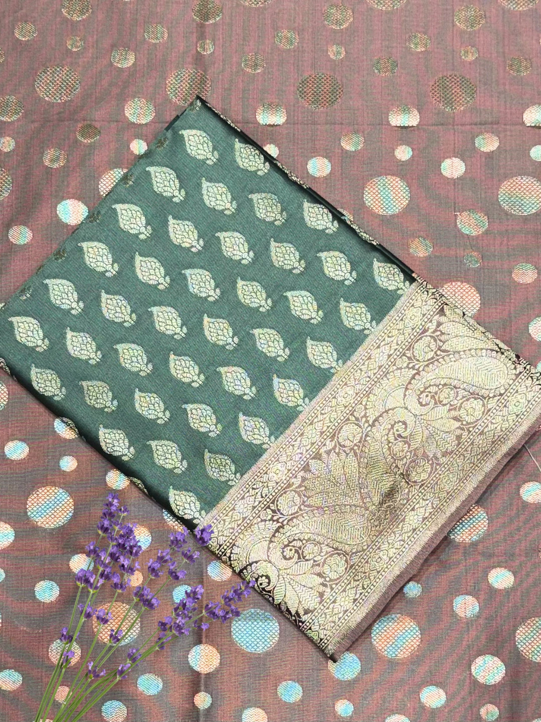 Banarasi Silk Colorblocked Dress Material with Paisley Zari Weaving & Jhalar Dupatta