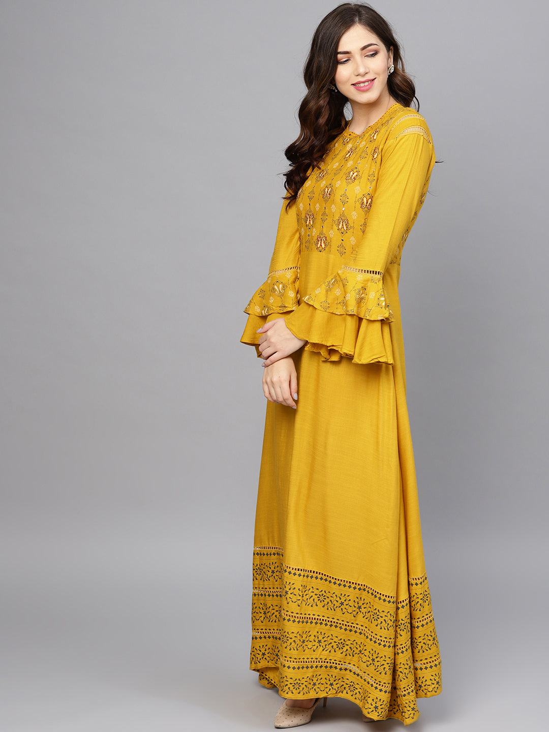 Anarkali Dress with Bell sleeves and Mirror embellishments